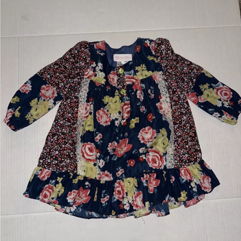 Bonnie Baby Blue Floral Patchwork Lace Tunic Dress, Size 24 Months Long Sleeve